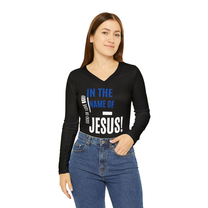 Women's V-Neck Long Sleeve — "In the Name of Jesus" Faith Tee