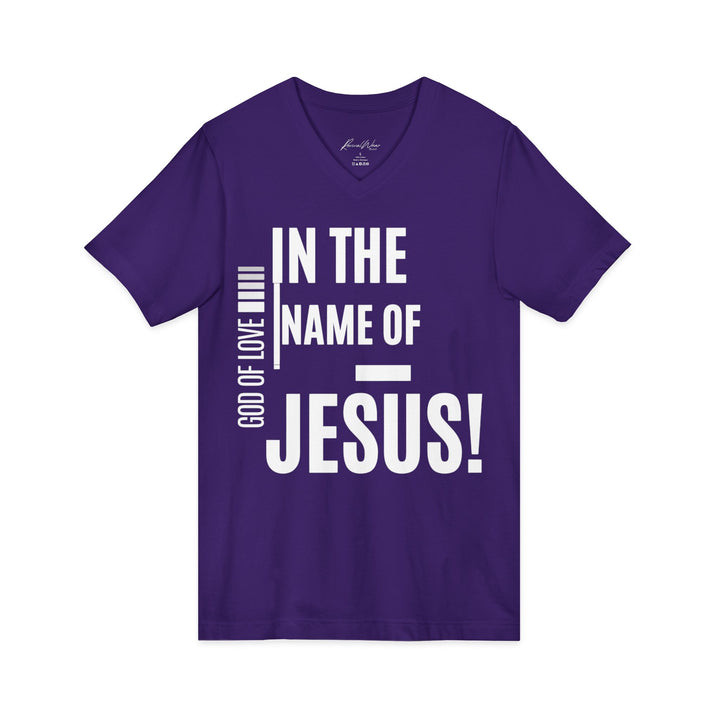 Jesus Faith V-Neck Tee — "In the Name of Jesus!" Christian Graphic Shirt