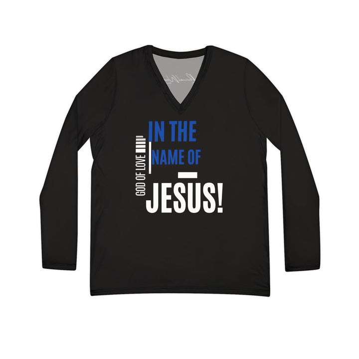 Women's V-Neck Long Sleeve — "In the Name of Jesus" Faith Tee