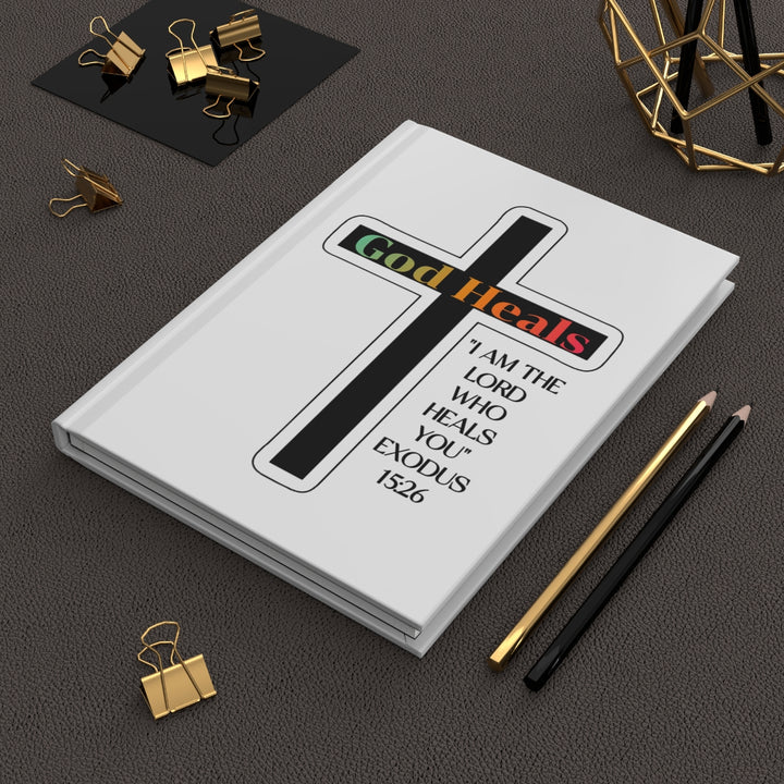 "God Heals" Cross Hardcover Journal with Exodus 15:26 Bible Verse