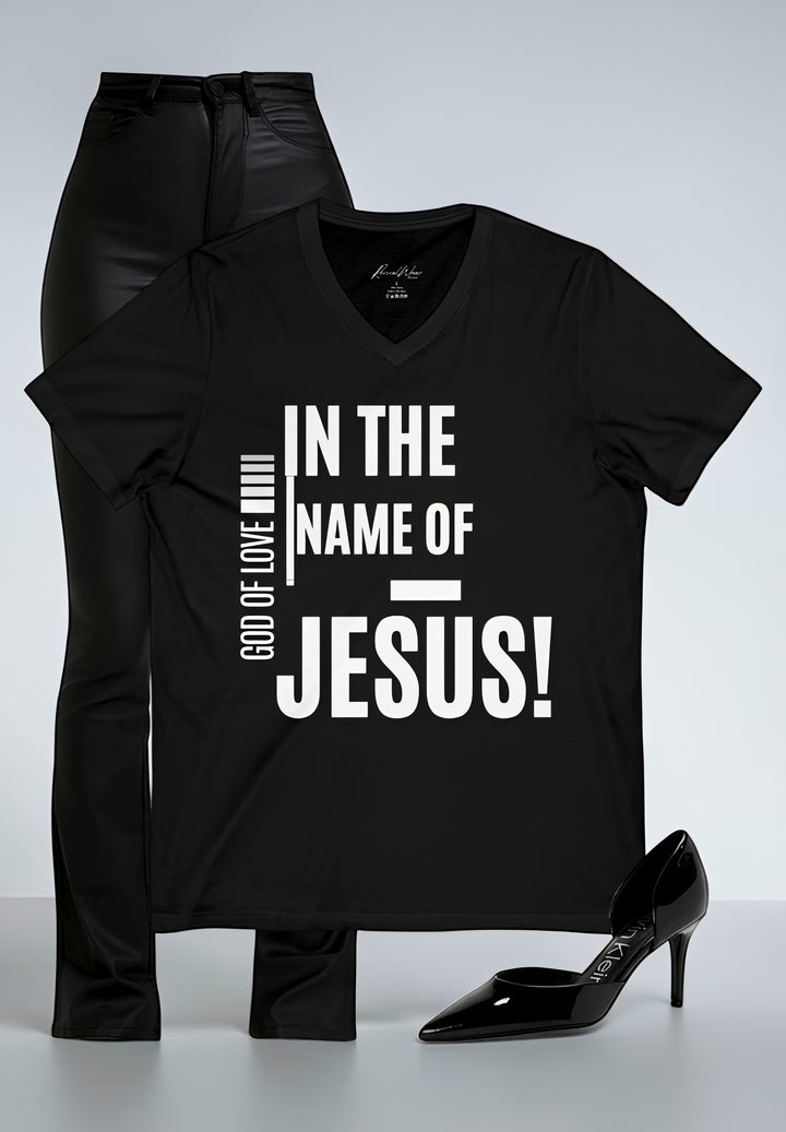 Jesus Faith V-Neck Tee — "In the Name of Jesus!" Christian Graphic Shirt