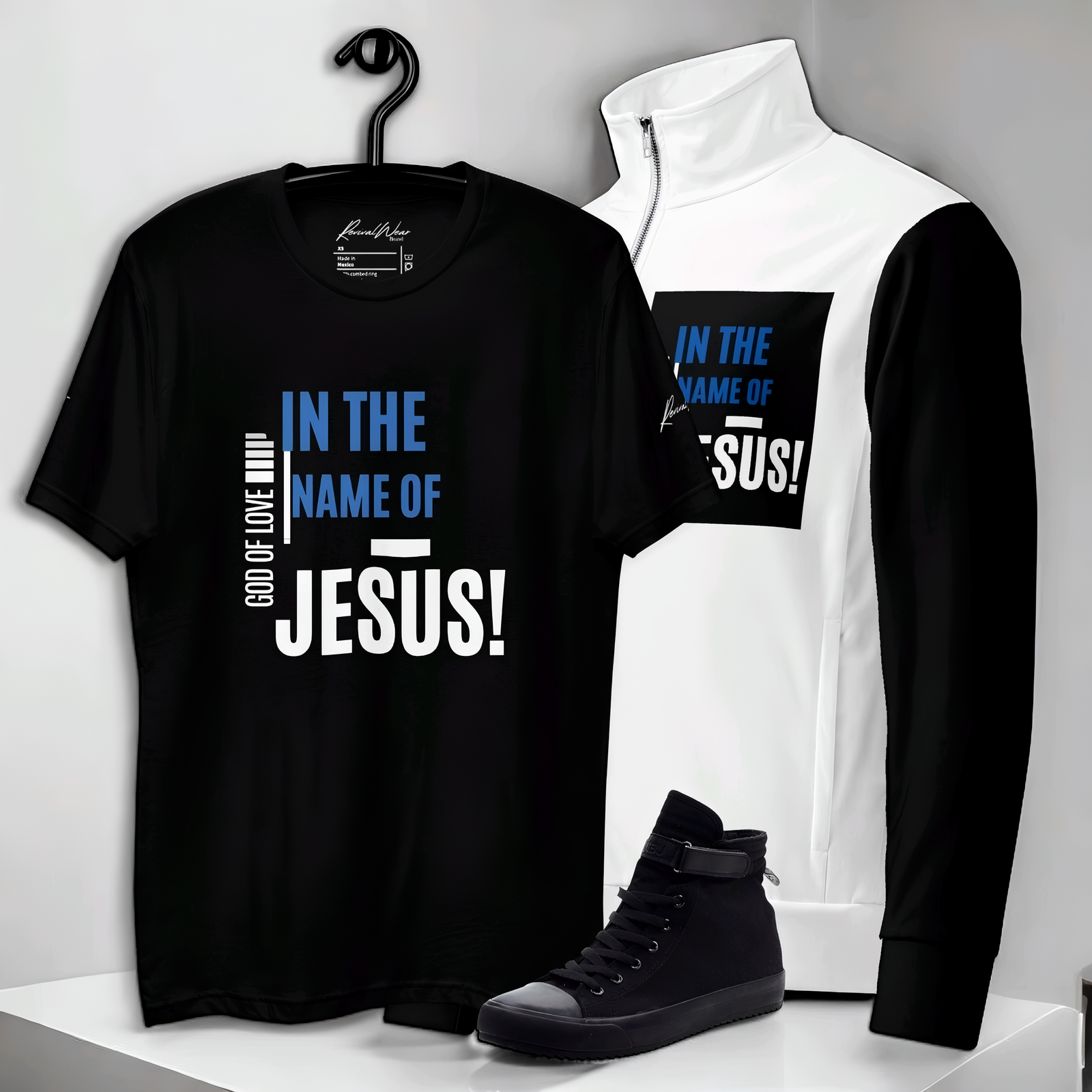 In The Name of Jesus Men's black short sleeve Christian t-shirt with bold text design, soft lightweight cotton fabric.