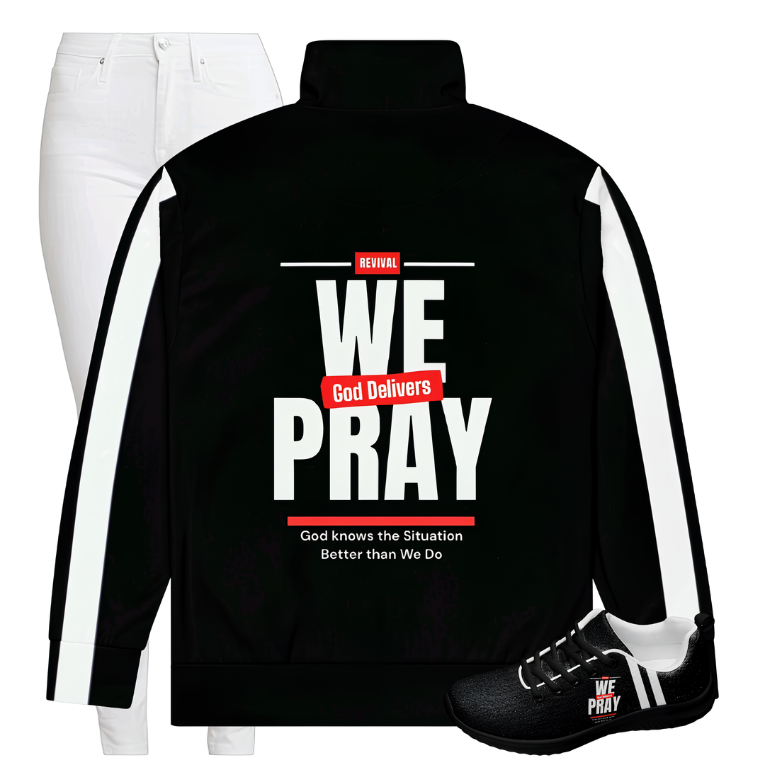We Pray, God Delivers women's track jacketRevivalWear Brand Stay warm and trendy with this zip-up track jacket—perfect for workouts, outdoor activities, and everyday wear. It’s made from recycled materials, has brushed fleeceRevivalWear Brand Jacketswomen's track jacket