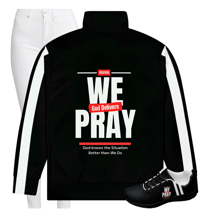 We Pray, God Delivers women's track jacketRevivalWear Brand Stay warm and trendy with this zip-up track jacket—perfect for workouts, outdoor activities, and everyday wear. It’s made from recycled materials, has brushed fleeceRevivalWear Brand Jacketswomen's track jacket
