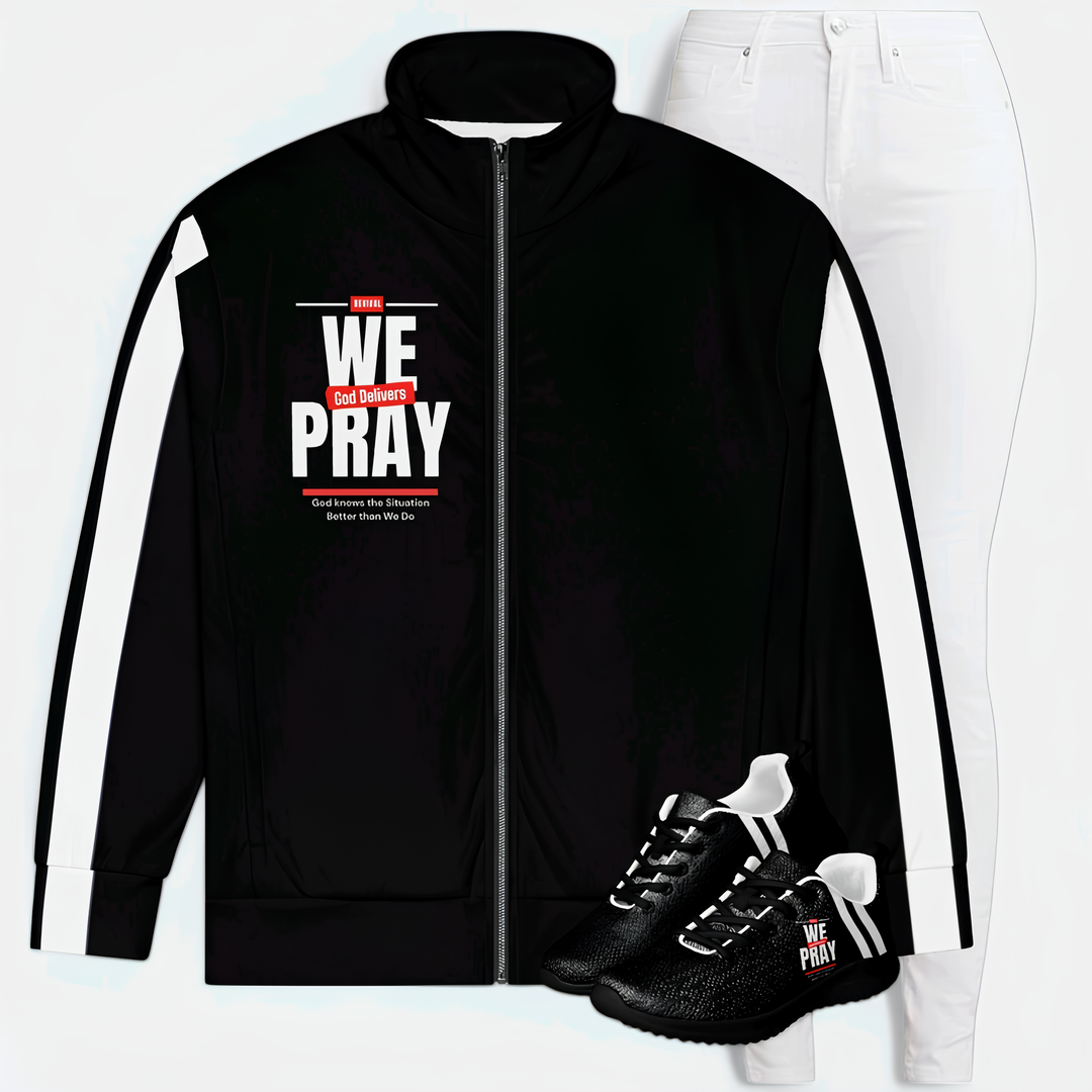 We Pray, God Delivers women's track jacketRevivalWear Brand Stay warm and trendy with this zip-up track jacket—perfect for workouts, outdoor activities, and everyday wear. It’s made from recycled materials, has brushed fleeceRevivalWear Brand Jacketswomen's track jacket