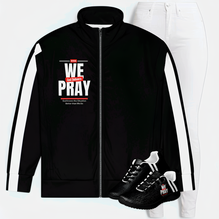 We Pray, God Delivers women's track jacketRevivalWear Brand Stay warm and trendy with this zip-up track jacket—perfect for workouts, outdoor activities, and everyday wear. It’s made from recycled materials, has brushed fleeceRevivalWear Brand Jacketswomen's track jacket