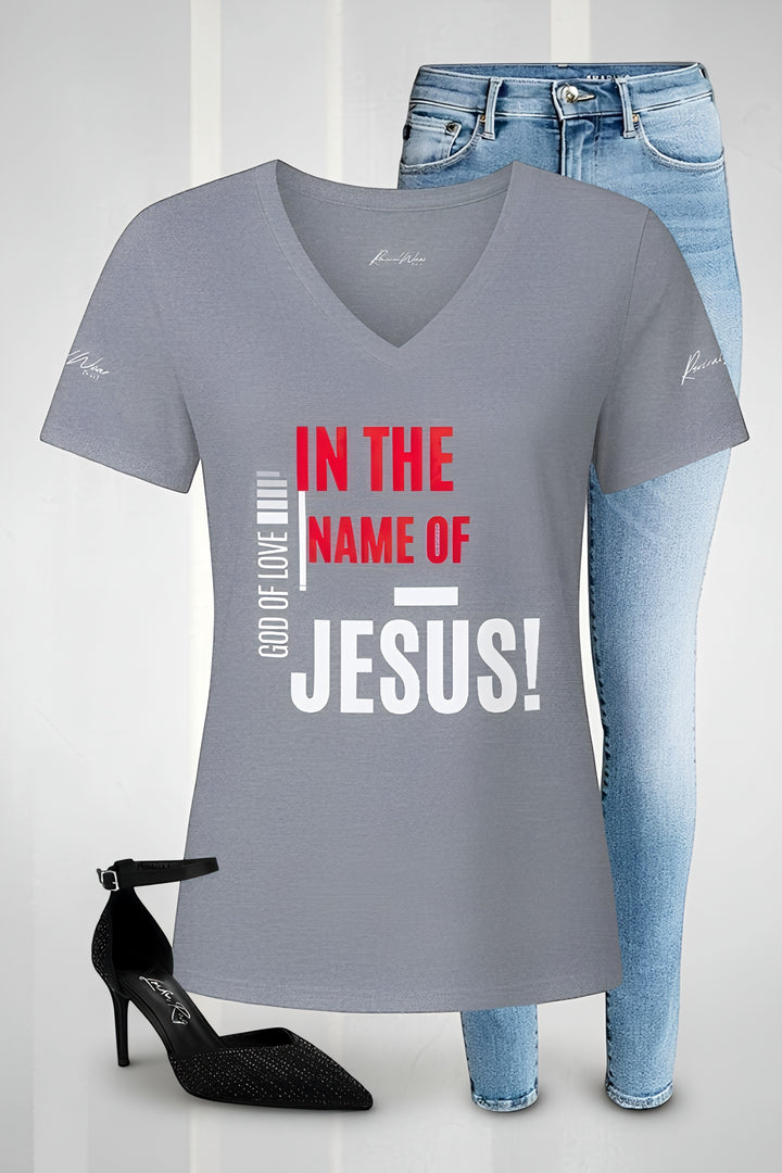 In The Name Of Jesus V-Neck Tee – Christian Women's Faith Shirt