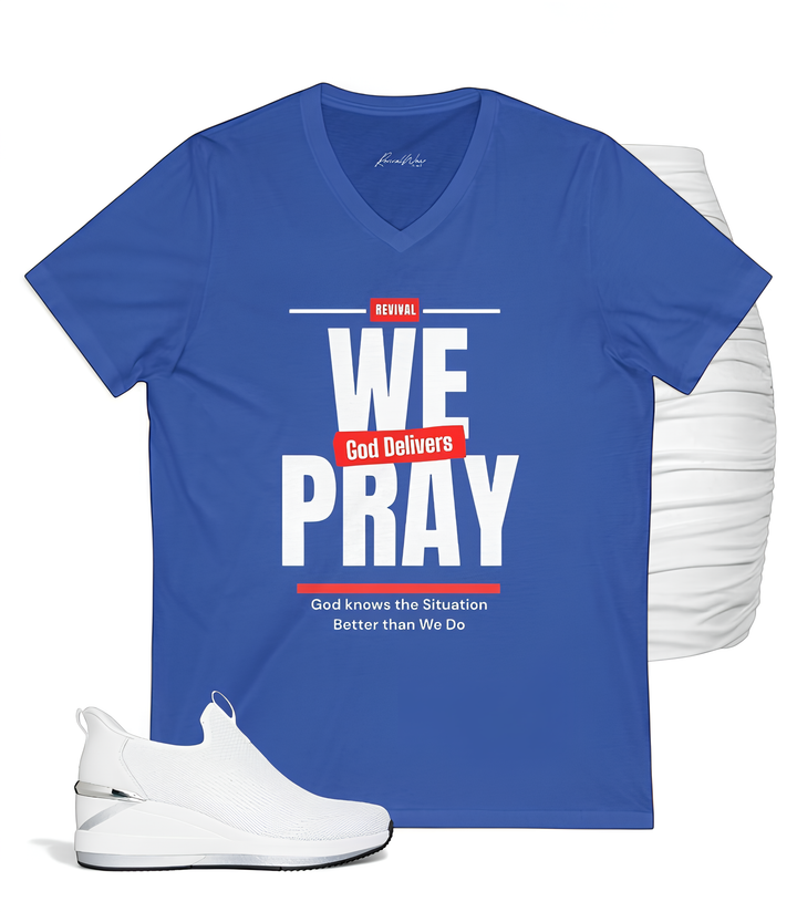 We Pray, God Delivers Women's V-Neck Tee - 'God Delivers' Inspirational Shirt