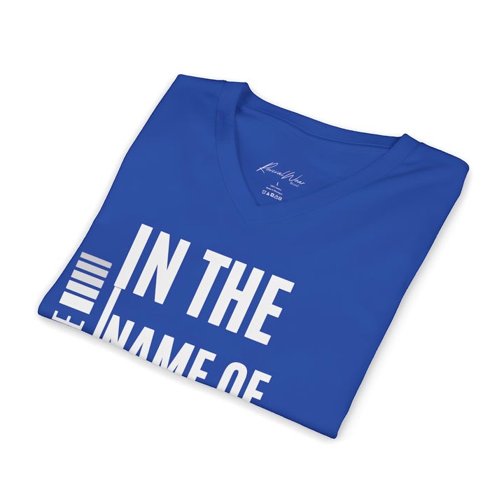 Jesus Faith V-Neck Tee — "In the Name of Jesus!" Christian Graphic Shirt