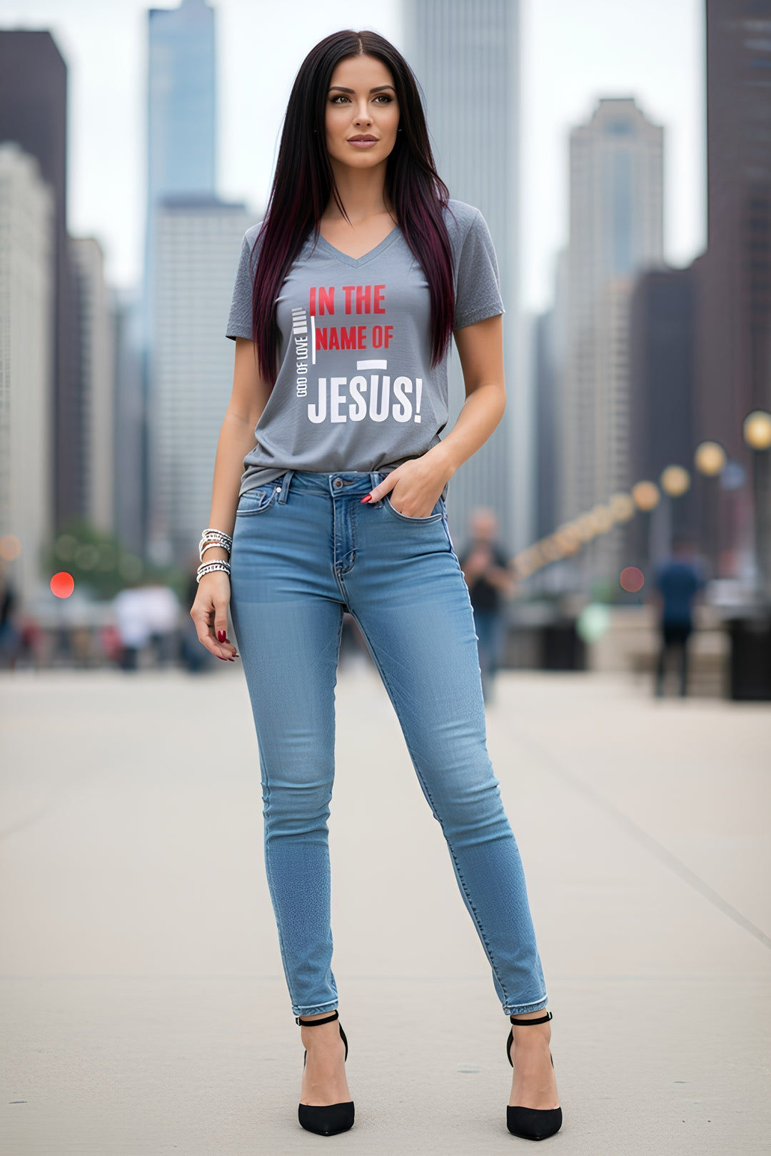 In The Name Of Jesus V-Neck Tee – Christian Women's Faith Shirt