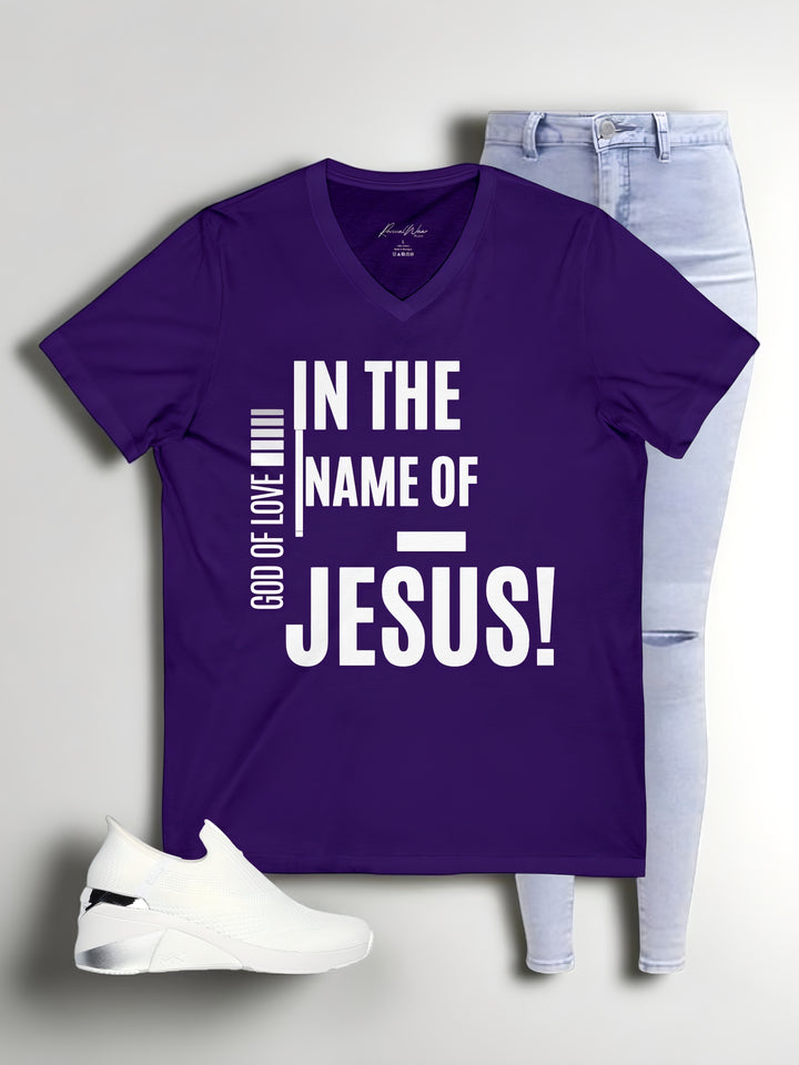 Jesus Faith V-Neck Tee — "In the Name of Jesus!" Christian Graphic Shirt