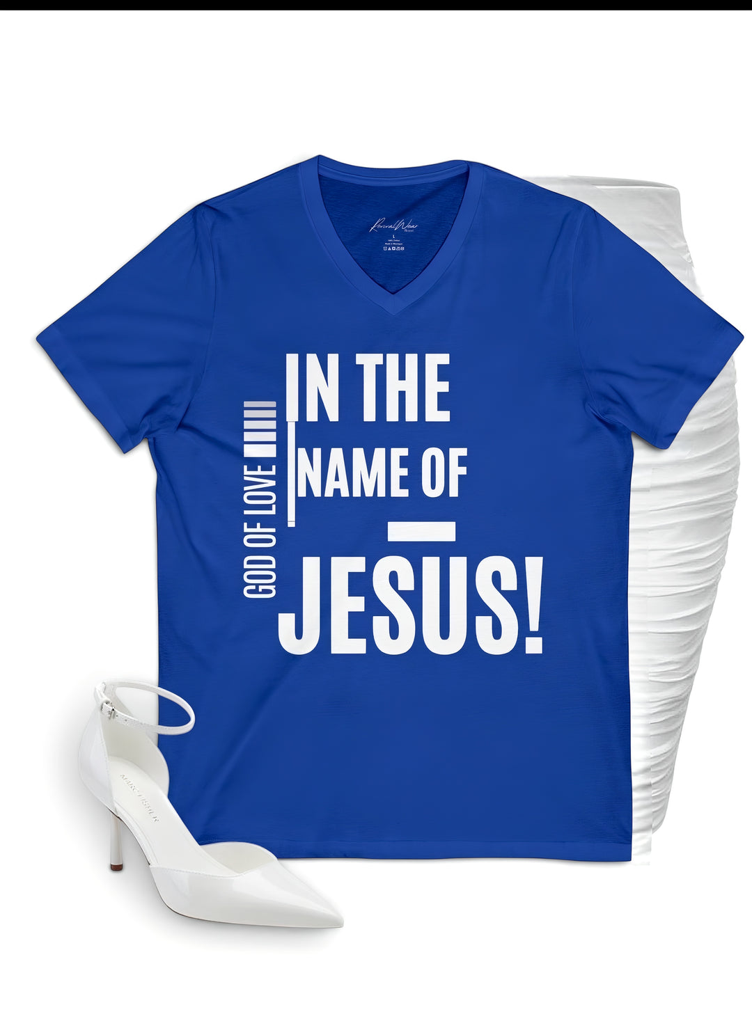 Jesus Faith V-Neck Tee — "In the Name of Jesus!" Christian Graphic Shirt