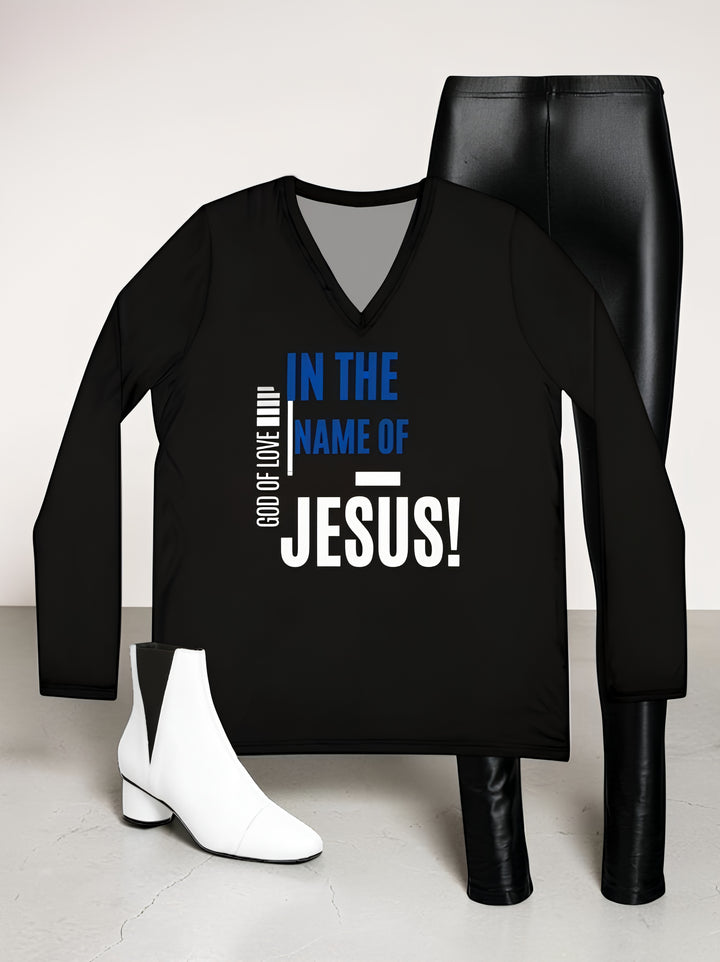 Women's V-Neck Long Sleeve — "In the Name of Jesus" Faith Tee