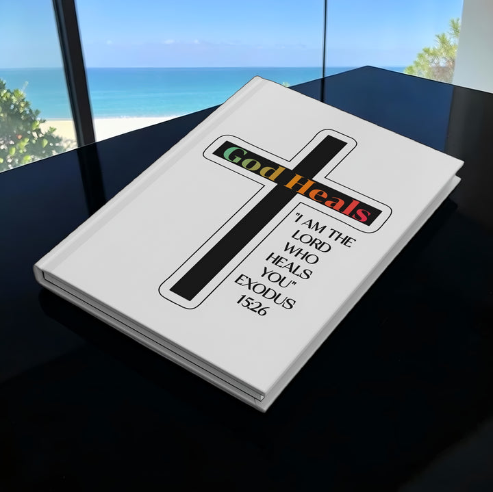 "God Heals" Cross Hardcover Journal with Exodus 15:26 Bible Verse