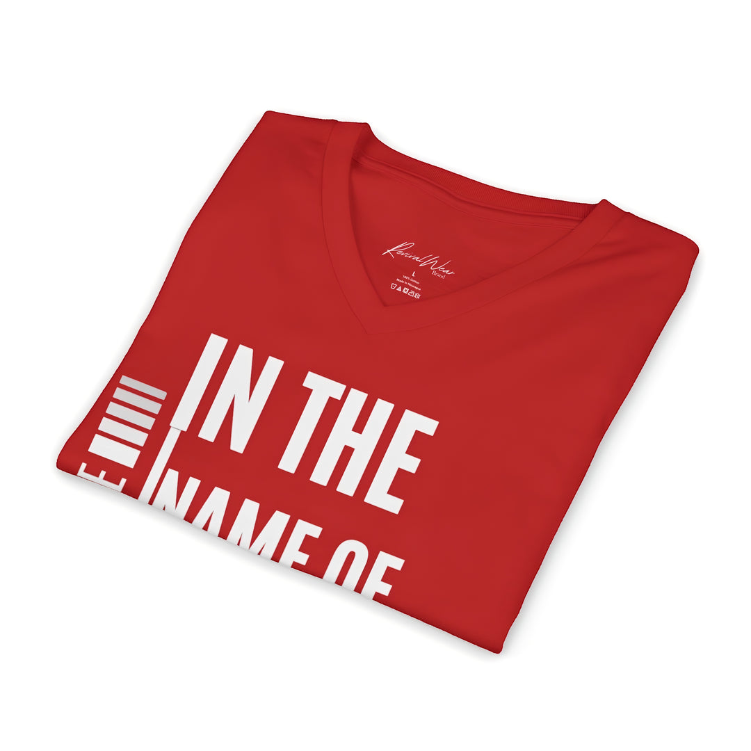 Jesus Faith V-Neck Tee — "In the Name of Jesus!" Christian Graphic Shirt