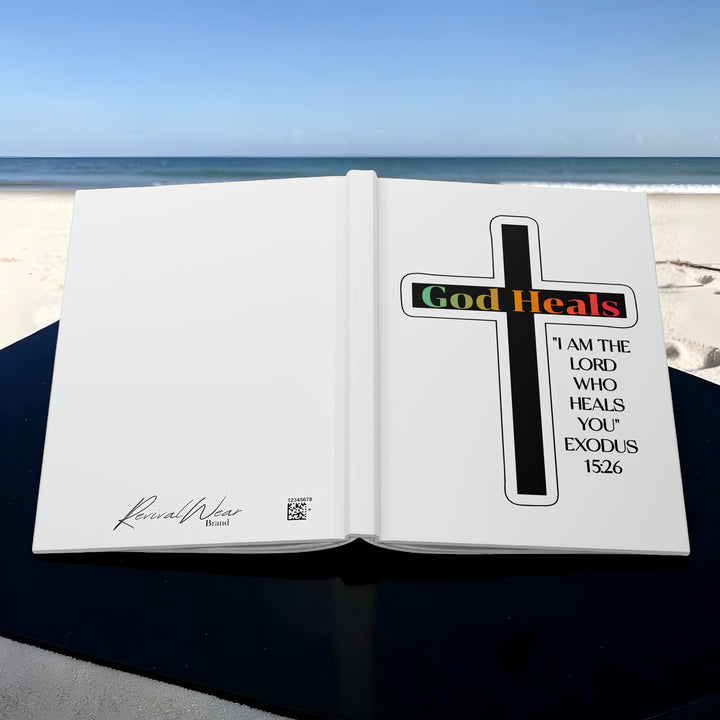 "God Heals" Cross Hardcover Journal with Exodus 15:26 Bible Verse