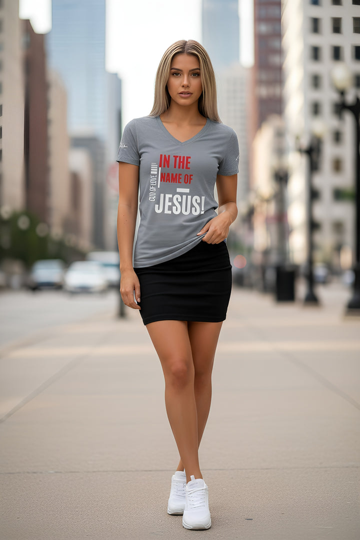 In The Name Of Jesus V-Neck Tee – Christian Women's Faith Shirt