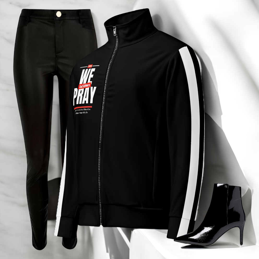 We Pray, God Delivers women's track jacketRevivalWear Brand Stay warm and trendy with this zip-up track jacket—perfect for workouts, outdoor activities, and everyday wear. It’s made from recycled materials, has brushed fleeceRevivalWear Brand Jacketswomen's track jacket
