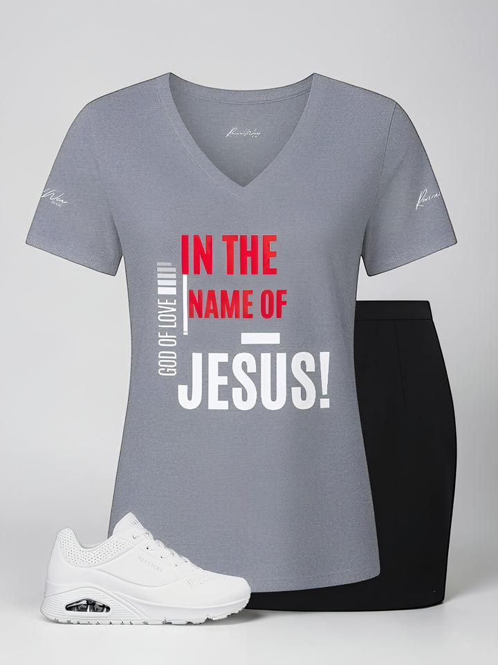 In The Name Of Jesus V-Neck Tee – Christian Women's Faith Shirt