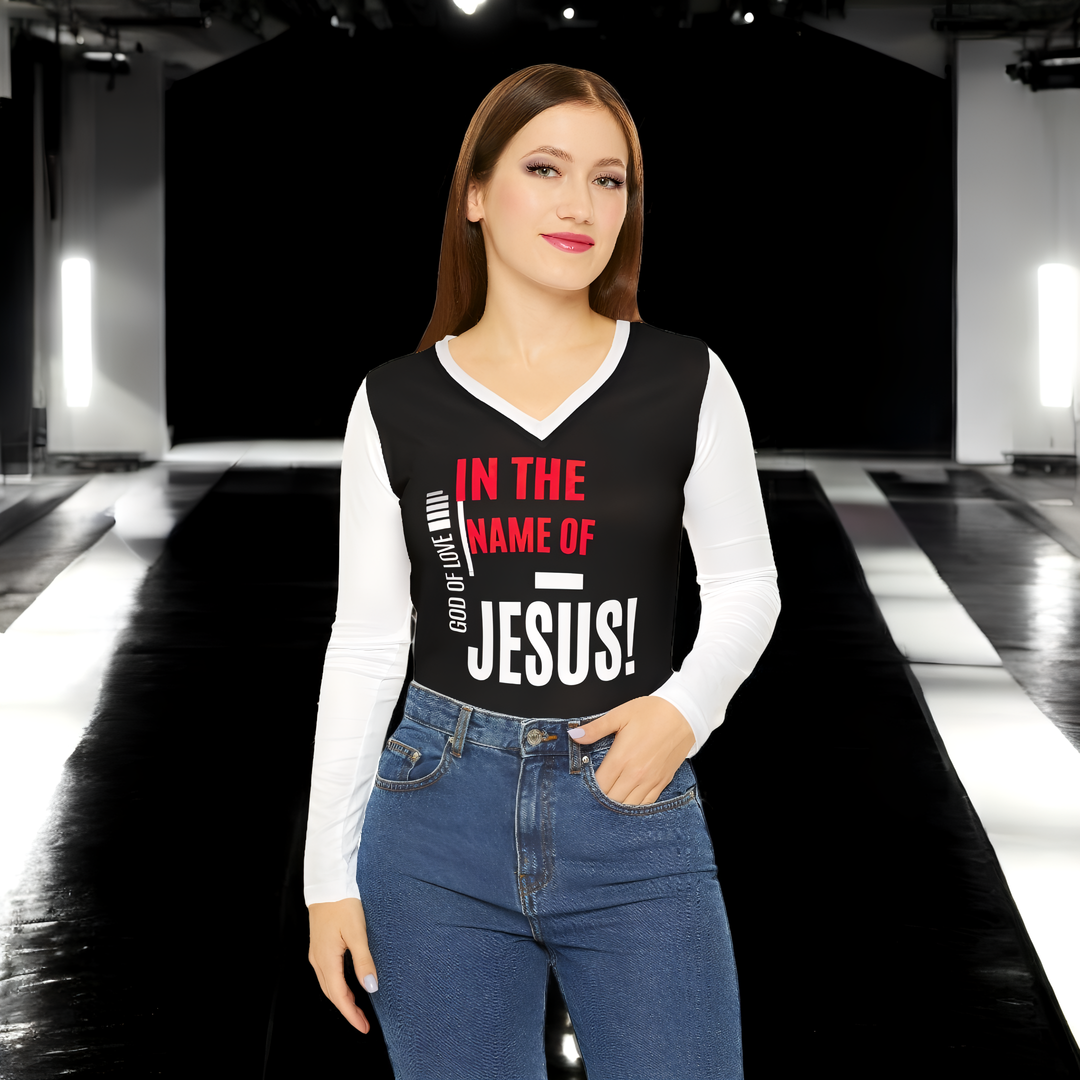 IN THE NAME OF JESUS Women's Long Sleeve V-neck Shirt (AOP)