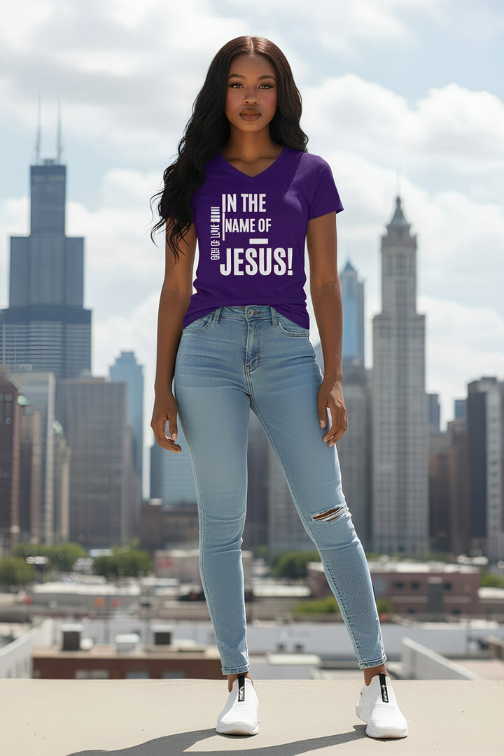 Jesus Faith V-Neck Tee — "In the Name of Jesus!" Christian Graphic Shirt