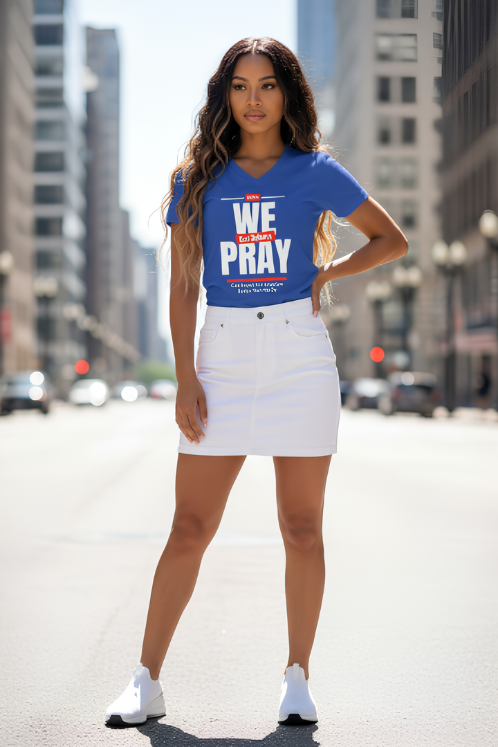 We Pray, God Delivers Women's V-Neck Tee - 'God Delivers' Inspirational Shirt