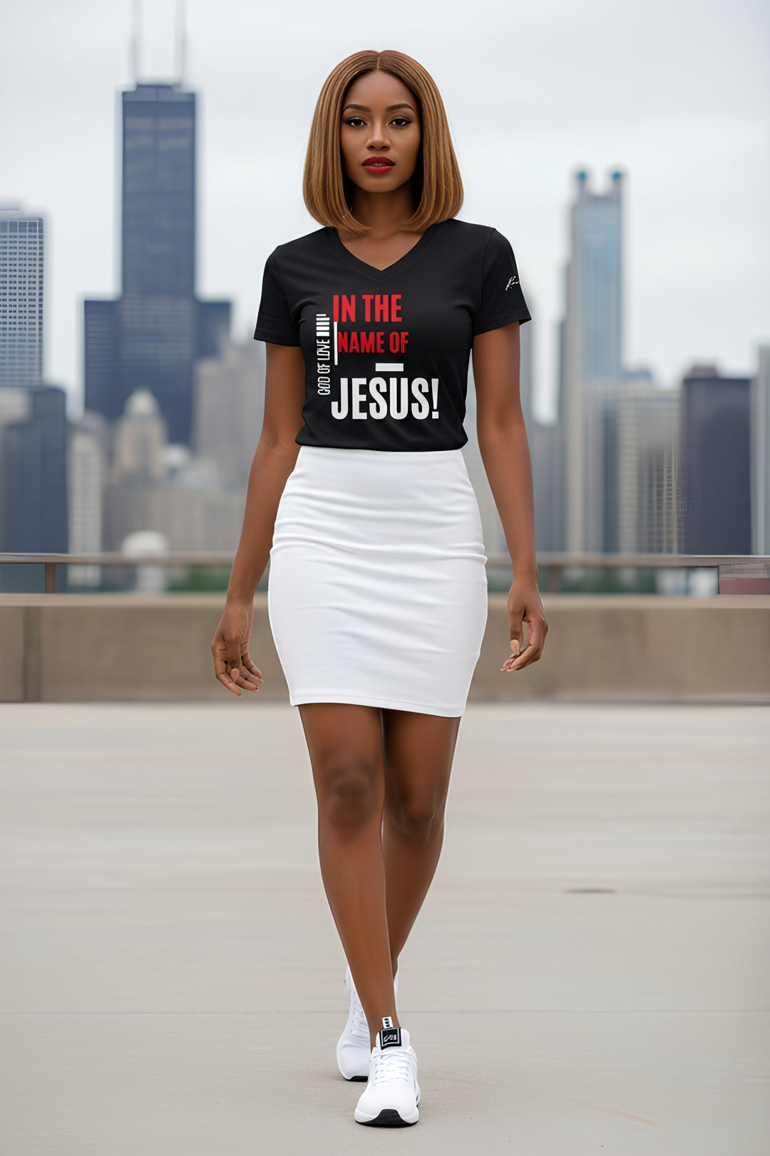 In The Name Of Jesus V-Neck Tee – Christian Women's Faith Shirt