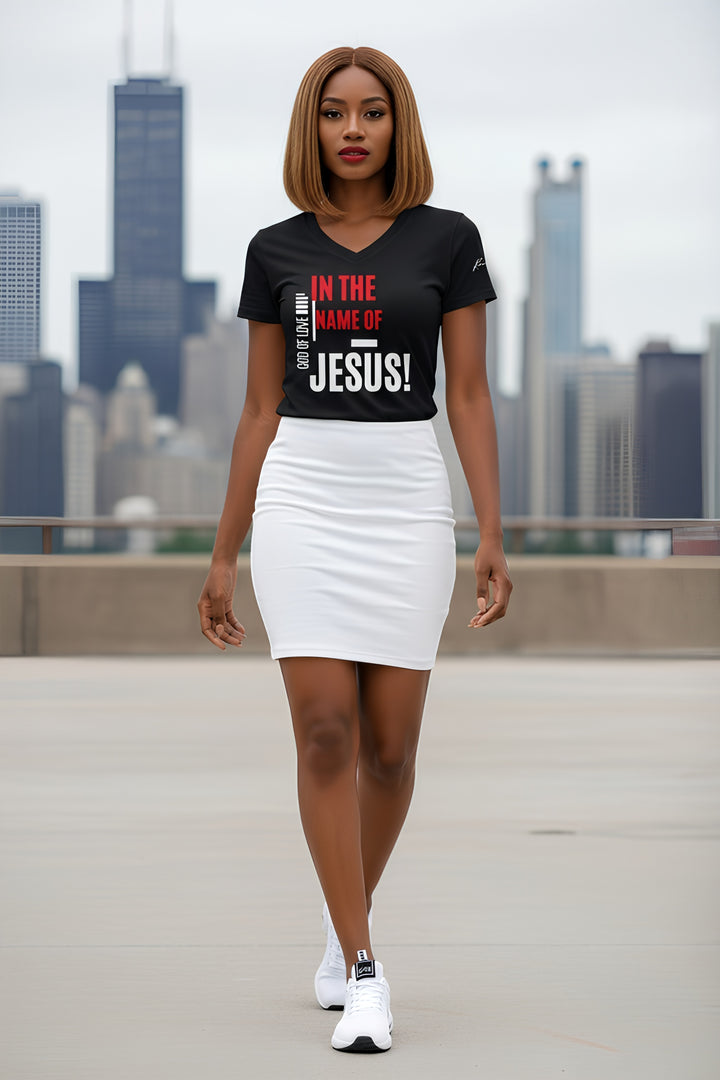 In The Name Of Jesus V-Neck Tee – Christian Women's Faith Shirt