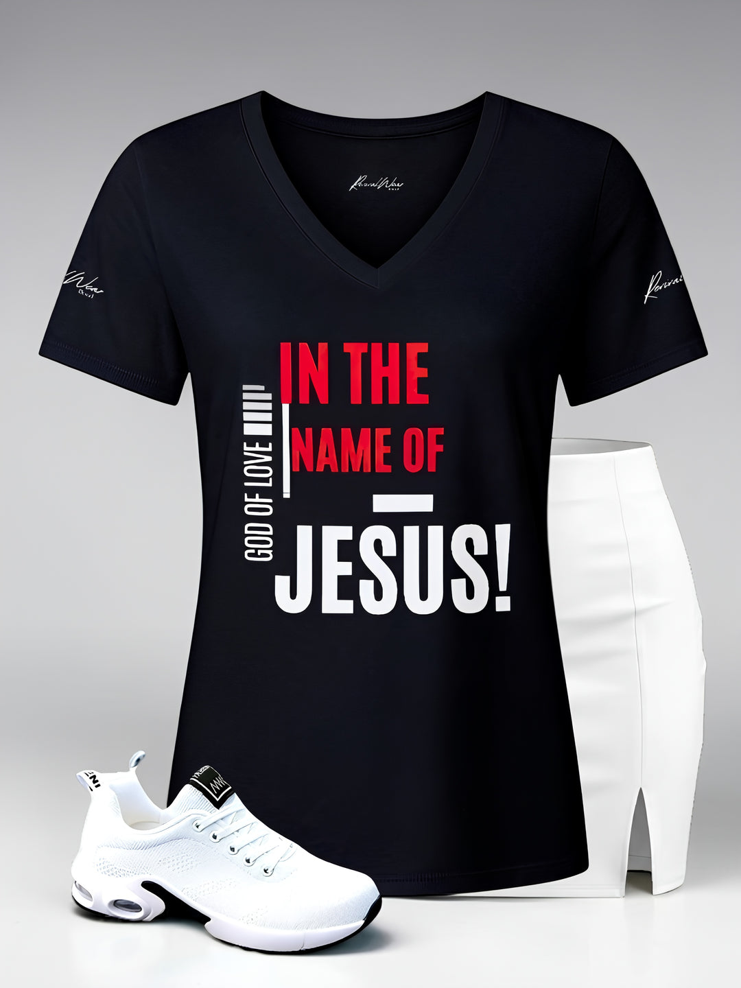 In The Name Of Jesus V-Neck Tee – Christian Women's Faith Shirt