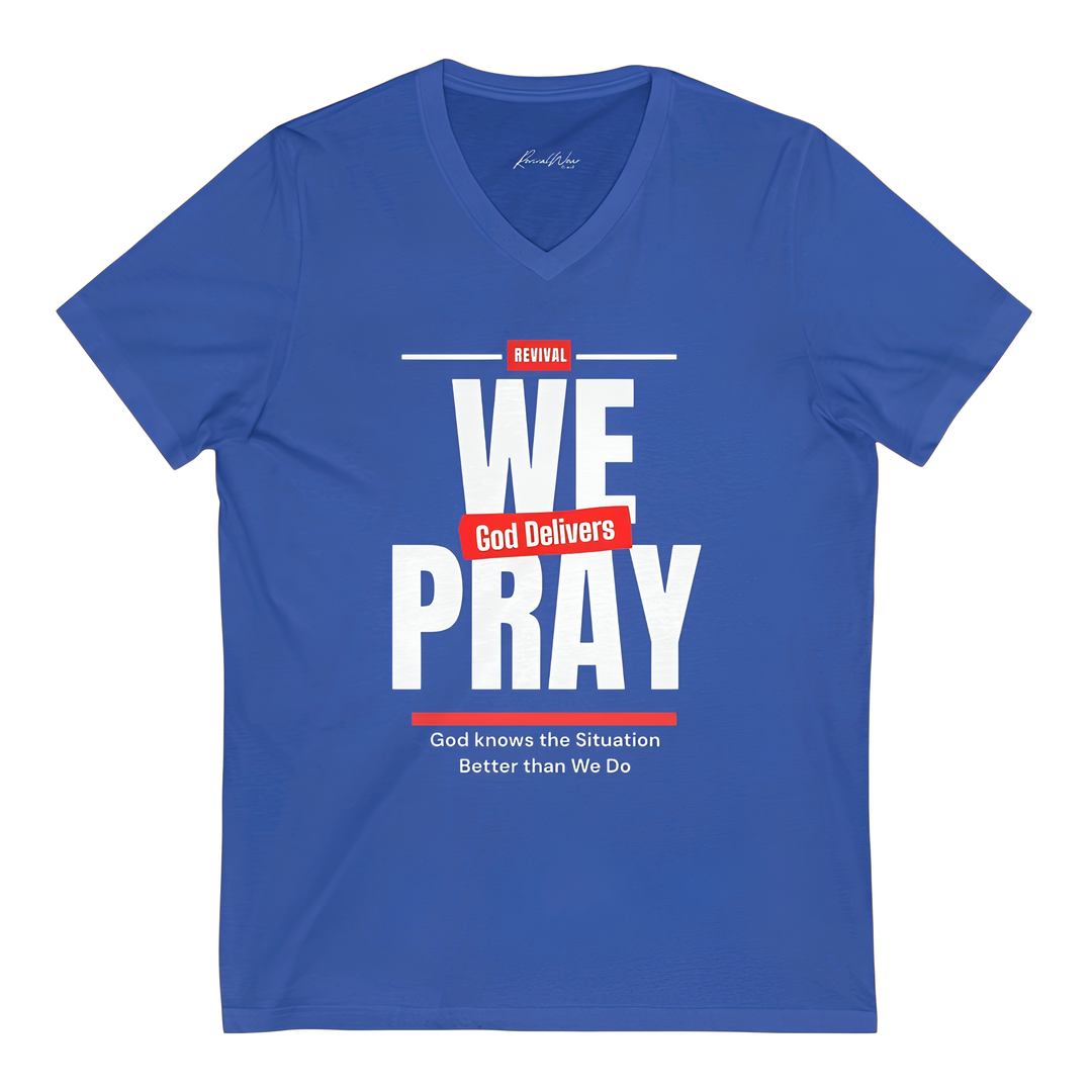 We Pray, God Delivers Women's V-Neck Tee - 'God Delivers' Inspirational Shirt