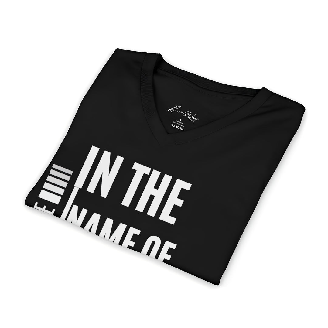 Jesus Faith V-Neck Tee — "In the Name of Jesus!" Christian Graphic Shirt