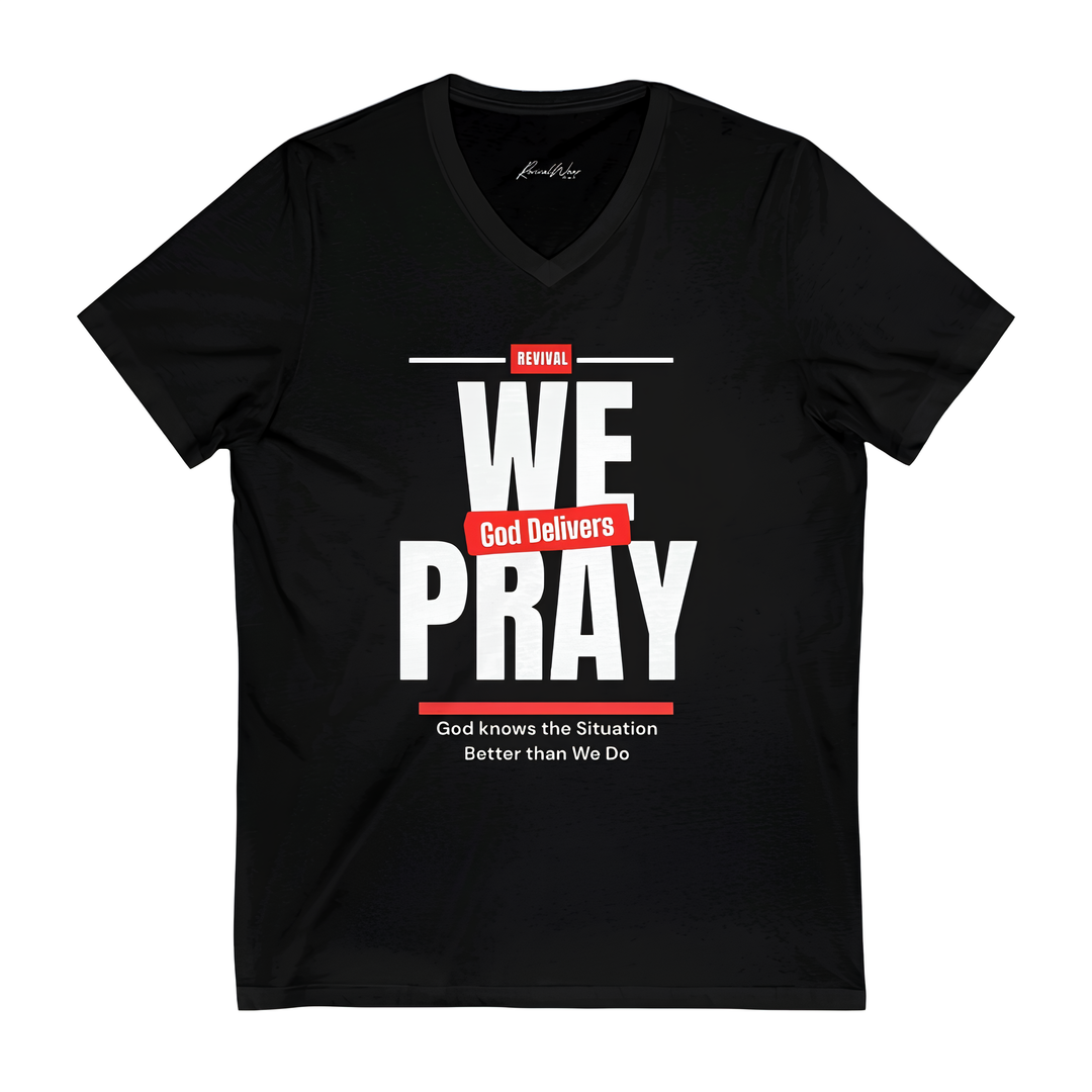 We Pray Women's V-Neck Tee - 'God Delivers' Inspirational Shirt