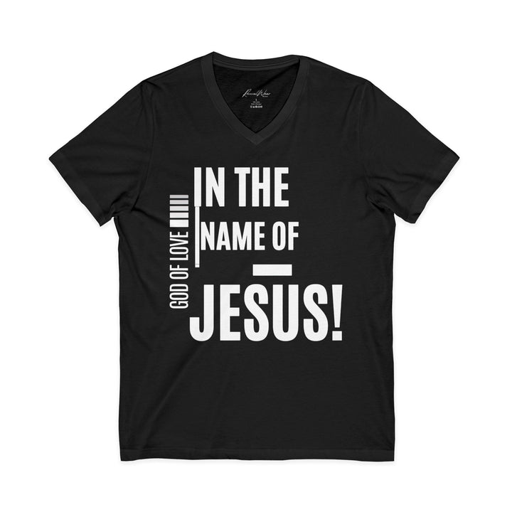 Jesus Faith V-Neck Tee — "In the Name of Jesus!" Christian Graphic Shirt