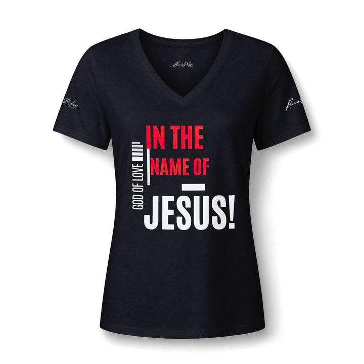 In The Name Of Jesus V-Neck Tee – Christian Women's Faith Shirt