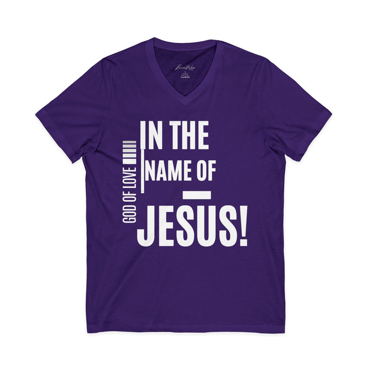 Jesus Faith V-Neck Tee — "In the Name of Jesus!" Christian Graphic Shirt