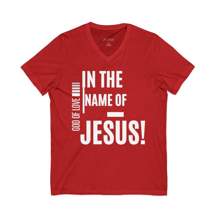 Jesus Faith V-Neck Tee — "In the Name of Jesus!" Christian Graphic Shirt