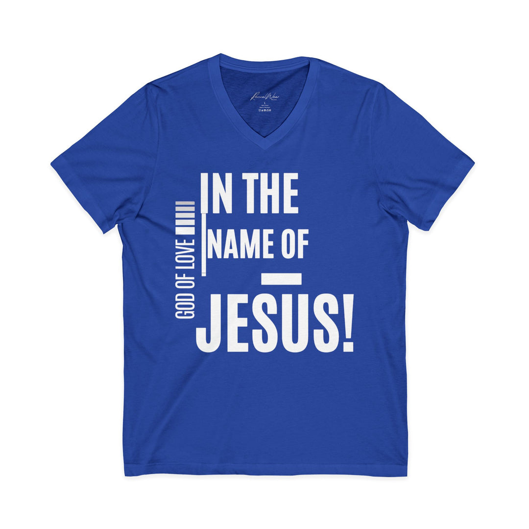 Jesus Faith V-Neck Tee — "In the Name of Jesus!" Christian Graphic Shirt