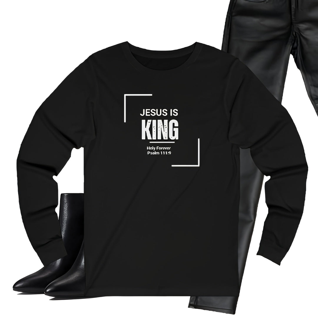 Jesus is King Women's black long sleeve jersey tee with white text and scripture design