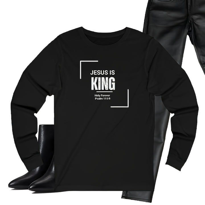 Jesus is King Women's black long sleeve jersey tee with white text and scripture design