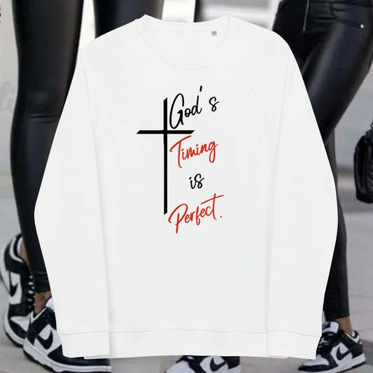 God's Timing is Perfect Women's organic raglan Cristian sweatshirt