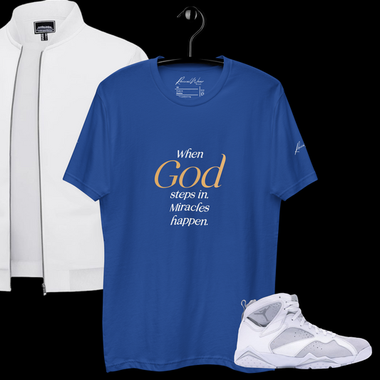 God steps in Miracles happen Men's Short Sleeve Christian T-Shirt