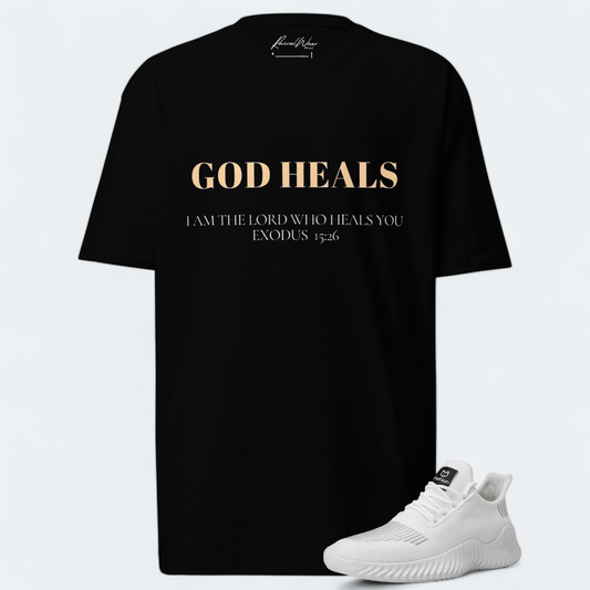 God Heals Men’s premium heavyweight tee