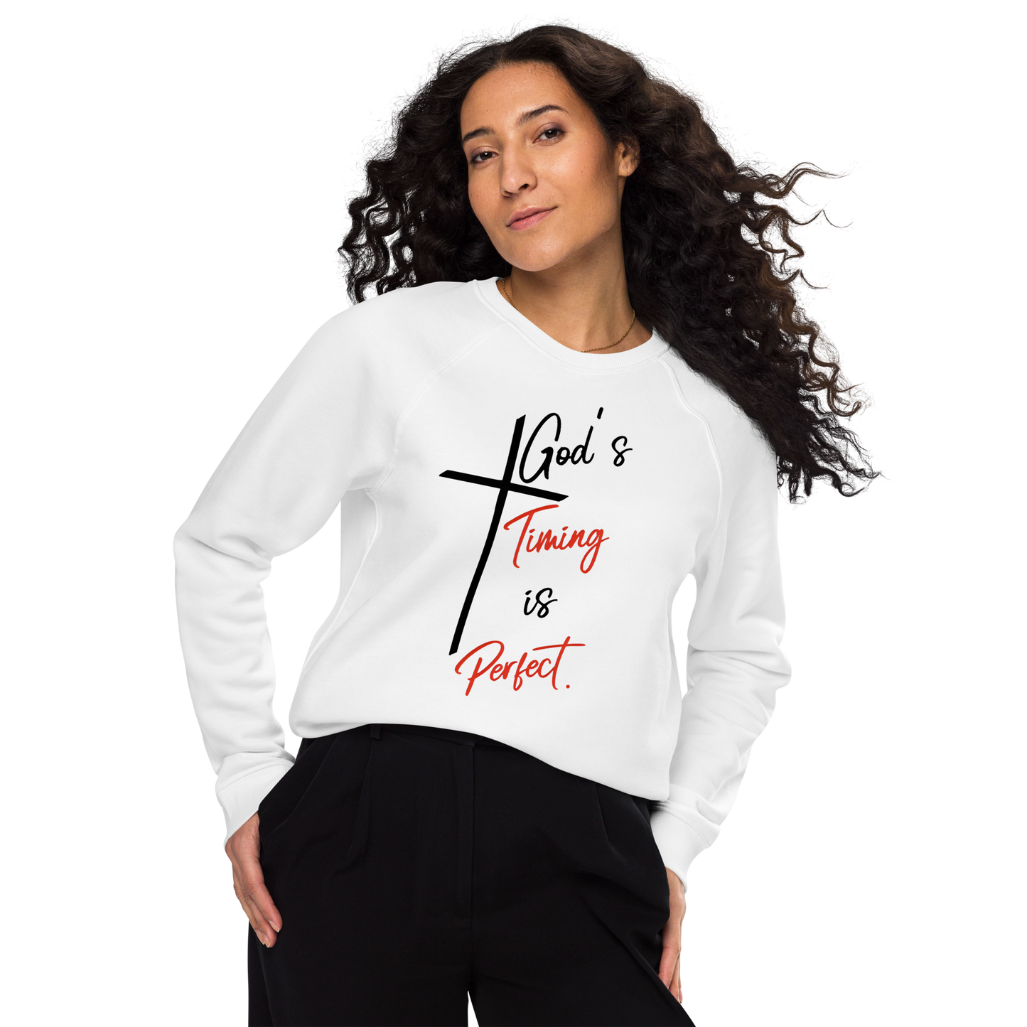 God's Timing is Perfect Women's organic raglan Cristian sweatshirt