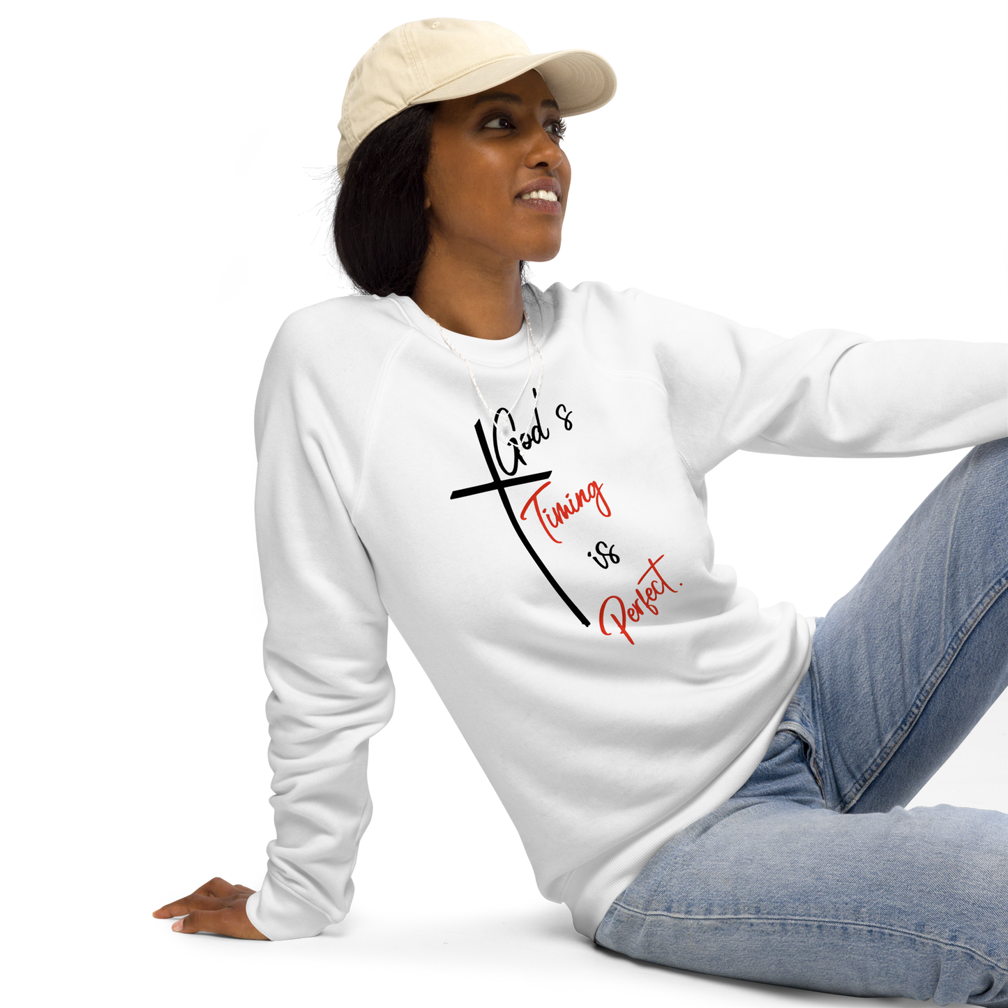 God's Timing is Perfect Women's organic raglan Cristian sweatshirt